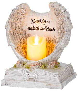 Dekorácia MagicHome, Anjelské krídla na knihe so sviečkou, LED, keramika, na hrob, 18x13,5x20 cm