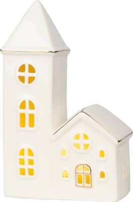 Dekorácia MagicHome, Domček s kostolom, LED, biely, porcelán, 11,2x5,5x17,4 cm