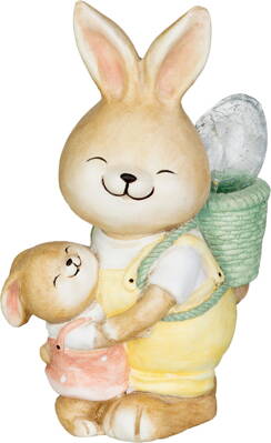 Dekorácia MagicHome, Zajačik s mláďatkom a vajíčkom, keramika, 17,8x25,5x39 cm