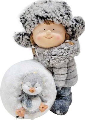 Dekorácia MagicHome Vianoce, dievča so snehovou guľou a tučniakom, 19.5x28x33.5 cm