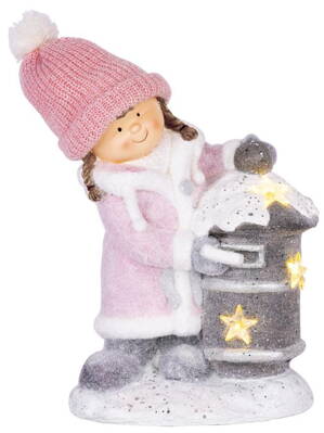 Dekorácia MagicHome Vianoce, Dievčatko so schránkou, 1 LED, 3xAA,  keramika, 31x23x43 cm