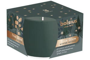 Sviečka Bolsius True Glow, v skle, rastlinný vosk, vôňa zimnej dreviny, 24 hod., 63x90 mm