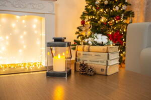Lampáš MagicHome Vianoce Retro, so sviečkou, čierny, 3xAAA, plast, časovač, 10x18,5 cm