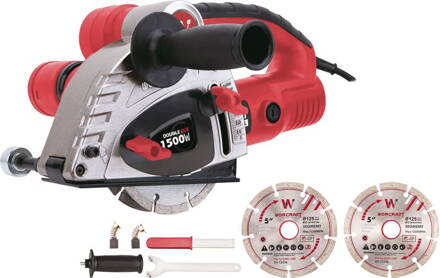 Fréza Worcraft EWC-1500, drážkovacia, do muriva, 1500W, 1x kľúč na výmenu kotúčov, 1x prídavná rukoväť, 1x sada uhlíkových kefiek, 1x dláto