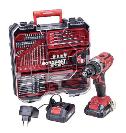 Skrutkovač Worcraft CD-S20LiWT ShareSYS, 20V Li-ion, 2x akumulátor 2.0 Ah, nabíjačka, set s príslušenstvom 73ks, v kufríku