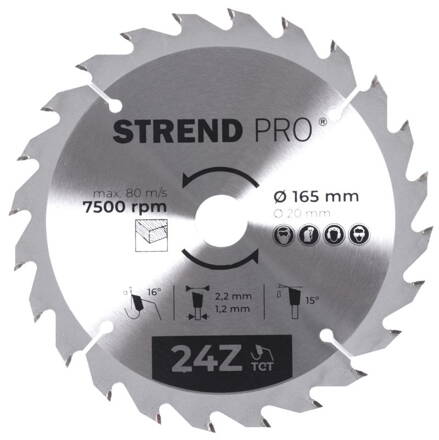 Kotúč Strend Pro TCT 165x2.2x20 mm 24T, na drevo, pílový, SK plátkami