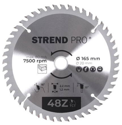 Kotúč Strend Pro TCT 165x2.2x20 mm 48T, na drevo, pílový, SK plátkami
