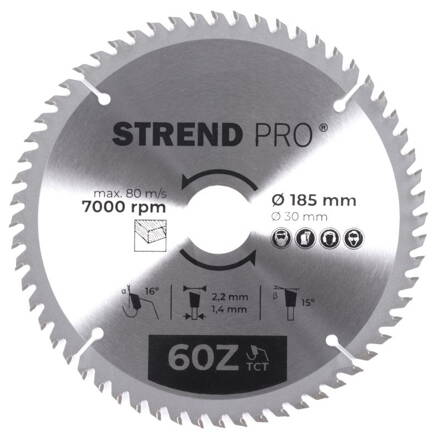 Kotúč Strend Pro TCT 185x2.2x30/20 mm 60T, na drevo, pílový, SK plátkami