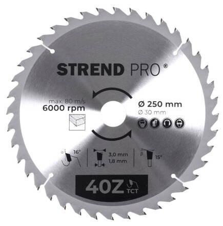Kotúč Strend Pro TCT 250x3.0x30/20 mm 40T, na drevo, pílový, SK plátkami