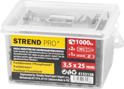 Sada vrutov Strend Pro, skrutky do sadrokartónu, 3,5x25 mm, s 2x bitmi a magnetickým držiakom, v dóze, bal. 1000 ks