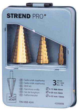 Sada vrtak STREND PRO SS421, 4-12, 4-20, 4-32 mm, TiN, HSS 4241, stupňovité