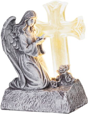 Dekorácia MagicHome, Anjel s holubicou pri kríži, LED, polyresin, na hrob, solar, 12x8x16,5 cm