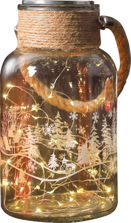 Dekorácia MagicHome Vianoce, Sklenená dóza, 30 LED teplá biela, 3xAAA, IP44, exteriér, 13x23,50 cm