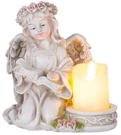Dekorácia MagicHome, Anjel s knihou a sviečkou, LED, keramika, na hrob, 17,5x14,5x17,5 cm