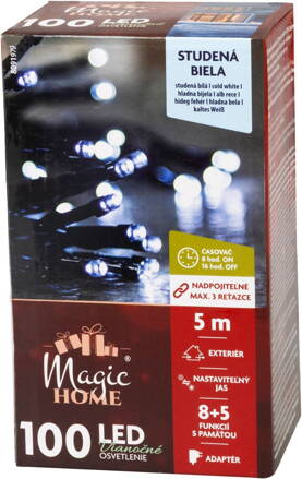 Reťaz MagicHome Vianoce, časovač, 100xLED, studená biela, 8 funkcií, 5 m, IP44