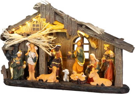 Dekorácia MagicHome Vianoce, betlehém, polyresin, 15xLED teplá biela, 31x8xH17,5 cm, 2xAAA