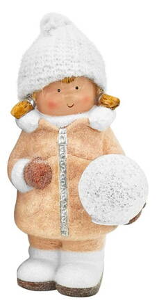 Postavička MagicHome Vianoce, Dievčatko so snehovou guľou, 1 LED, keramika, 14x13x25 cm