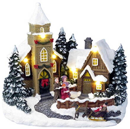 Dekorácia MagicHome Vianoce, Vianočný domček, 6 LED teplá biela, s melódiami, polyresin, 3xAA, inter