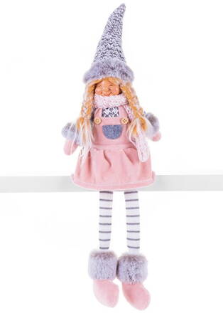 Postavička MagicHome Vianoce, Dievčatko s vysokým klobúkom, látkové, ružovo-sivé, 17x12x54 cm