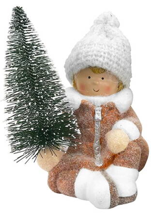 Postavička MagicHome Vianoce, Chlapček so stromčekom, terakota, 14,5x13x17 cm
