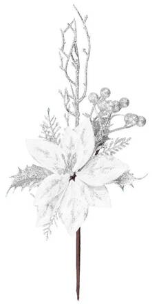 Vetvička MagicHome Vianoce, s kvetom, strieborná, 27 cm