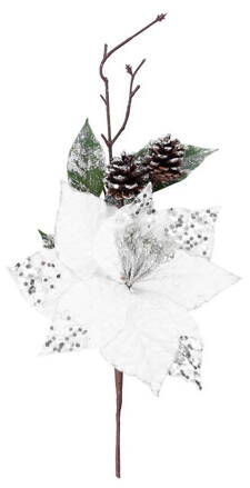 Vetvička MagicHome Vianoce, s kvetom poinsettia, biela, 34 cm