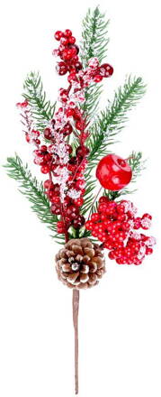 Vetvička MagicHome Vianoce, s bobuľkami a šiškou, červená, zasnežená, 32 cm