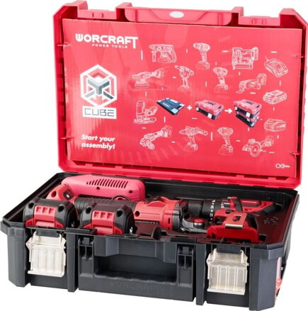 Set Worcraft XCUBE001A, ShareSYS, skrutkovač CHD-S20LiBC + uhlová brúska CAG-S20LiBS-125 mm, bezuhlíkové, Toolbox, 2x 4.0 Ah akumulátor, 1x nabíjačka
