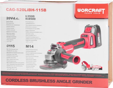 Brúska Worcraft CAG-S20LiBH ShareSYS, 115 mm, uhlová, SET v kufri, s batériou a nabíjačkou,  20V, 1x Li-ion, bezuhlíková
