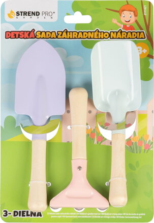 Sada náradia Strend Pro, záhradnícka, detská, 3-dielna, drevo + oceľ, lopatka hrable a rýľ