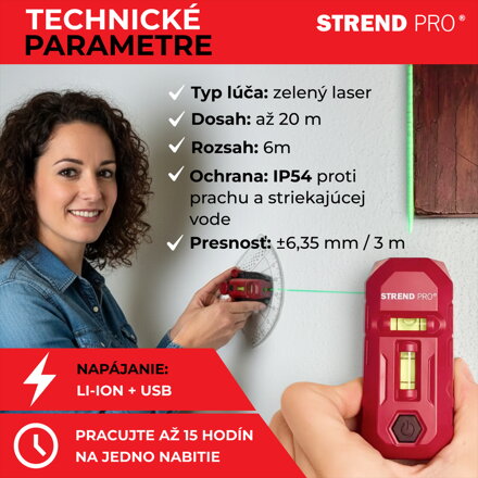 Laser Strend Pro SMD-RM20UG-Li, 2v1, Green, podlahový, USB nabíjanie