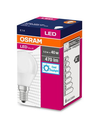Ziarovka OSRAM® LED Value CLASSIC P FR 40 non-dim, 5,7W/865 E14 6500 K