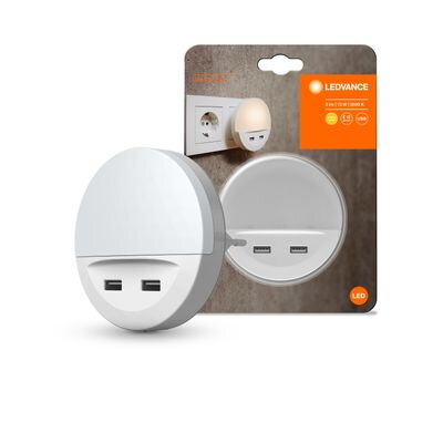 Svietidlo LEDVANCE LUNETTA® USB, LED, zásuvkové, 2x USB nabíjací port, 3lm, 3000K, senzor deň-noc