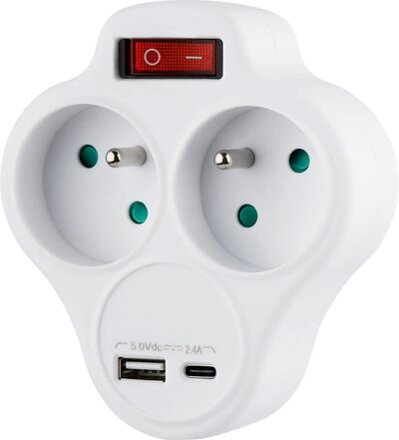 Zásuvka Strend Pro, rozbočovacia, rozdvojka, biela, 2x 16 A, USB A+C, vypínač