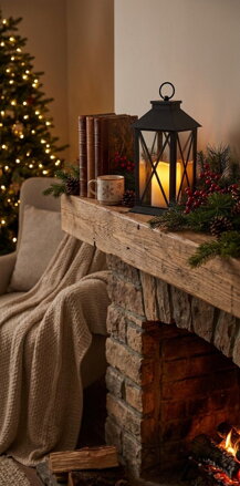 Lampáš MagicHome Vianoce, LED teplá biela, 3xAAA, plast, časovač, čierny, 14x14x32.2 cm, pohyblivý plameň