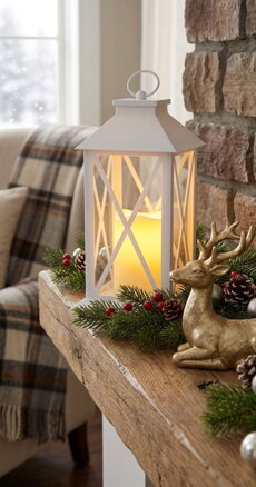 Lampáš MagicHome Vianoce, LED teplá biela, 3xAAA, plast, časovač, biely, 14x14x32.2 cm, pohyblivý plameň