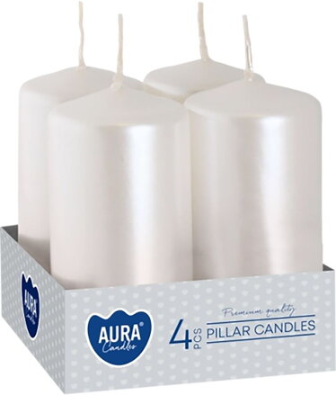 Sviečky AURA, valec, biela perla, 40x80mm, 9h, 80g, bal. 4ks