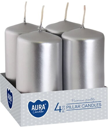 Sviečky AURA, valec, strieborná metalíza, 40x80mm, 9h, 80g, bal. 4ks