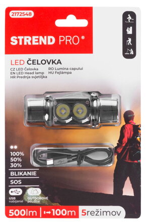 Čelovka Strend Pro Headlight H4016, 2xXPG, 500 lm, 2000 mAh, USB nabíjanie, vodeodolná