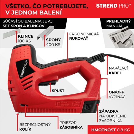 Sponkovačka Strend Pro J-123, elektrická, spony 8-14 mm, klince 15 mm Sponkovačka Strend Pro J-123, elektrická, spony 8-14 mm, klince 15 mm