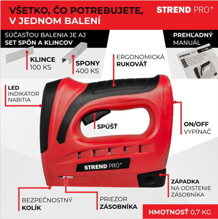 Sponkovačka Strend Pro J-126, 3,6 V, Li-ion, spony 6-10 mm, klince 10 mm