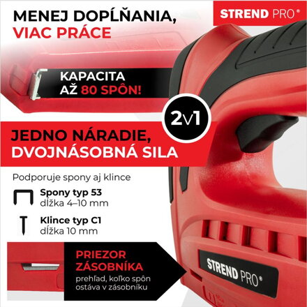 Sponkovačka Strend Pro J-126, 3,6 V, Li-ion, spony 6-10 mm, klince 10 mm