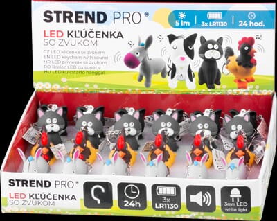 Svietidlo Strend Pro Keychain, kľúčenka, prívesok so zvukom, mačka/pes/kohút/osol, LED 5 lm, Sellbox 24 ks