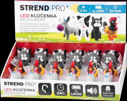 Svietidlo Strend Pro Keychain, kľúčenka, prívesok so zvukom, mačka/pes/kohút/osol, LED 5 lm, Sellbox 24 ks