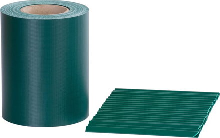 Páska Strend Pro EUROSTANDARD, 190 mm, L-35 m, tieniaca, zelená, krycia, na plotové panely, s 20 klipsami, 450 g/m2, PVC, RAL6005 Páska Strend Pro EUROSTANDARD, 190 mm, L-35 m, tieniaca, zelená, krycia, na plotové panely, s 20 klipsami, 450 g/m2, PVC, RAL6005