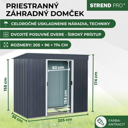 Domček Strend Pro, záhradný, plech, antracit, so základňou, 217 x 110 x 174  cm
