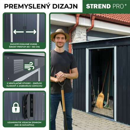 Domček Strend Pro, záhradný, plech, antracit, so základňou, 217 x 110 x 174  cm