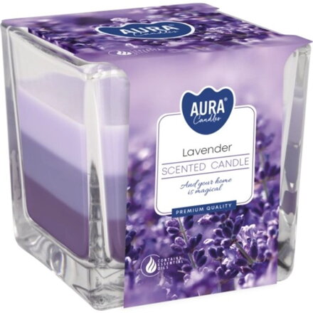 Sviečky AURA, v skle, trojfarebná, Levanduľa, 32h, 170g
