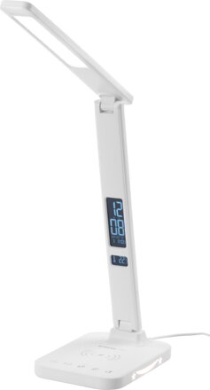 Lampa Strend Pro, stolná, LED, bezdrôtové nabíjanie, voľba intenzity svetla, s displejom, hodiny, budík, teplomer, 4 W, biela