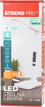 Lampa Strend Pro, stolná, LED, bezdrôtové nabíjanie, voľba intenzity svetla, s displejom, hodiny, budík, teplomer, 4 W, biela